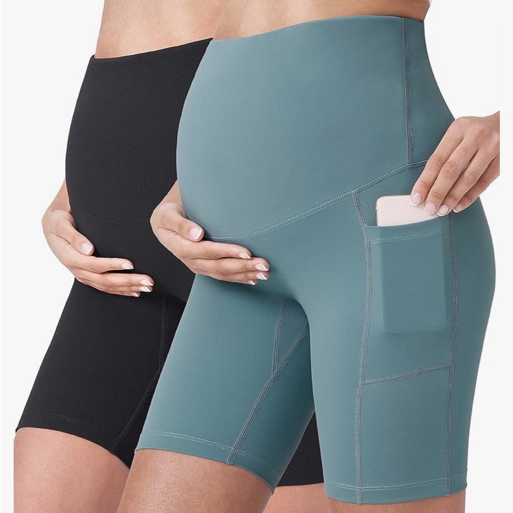 Maternity High-Waisted Biker Shorts (bundle)- Black and Light Teal